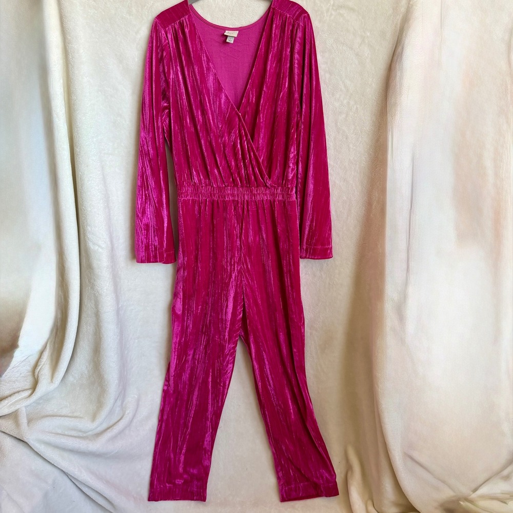 A New Day Womens Magenta Crushed Velvet Wrap Jumpsuit Long Sleeve Size Large